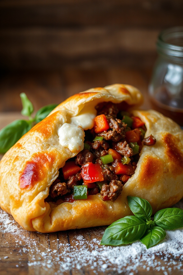 sizzling beef filled calzones baked
